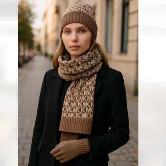 NWT NIB $148 Michael Kors Brown Hat, Scarf, and Gloves Set - Picture 1 of 6